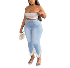 Plus Size High Waist Stretchy Denim Tassel Pants