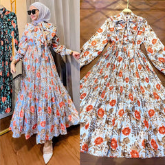 Ruffled Printed Dress for Muslim Malay Indonesian