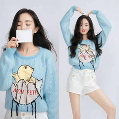 Blue Knitted Cartoon Chicken Jacket for Women