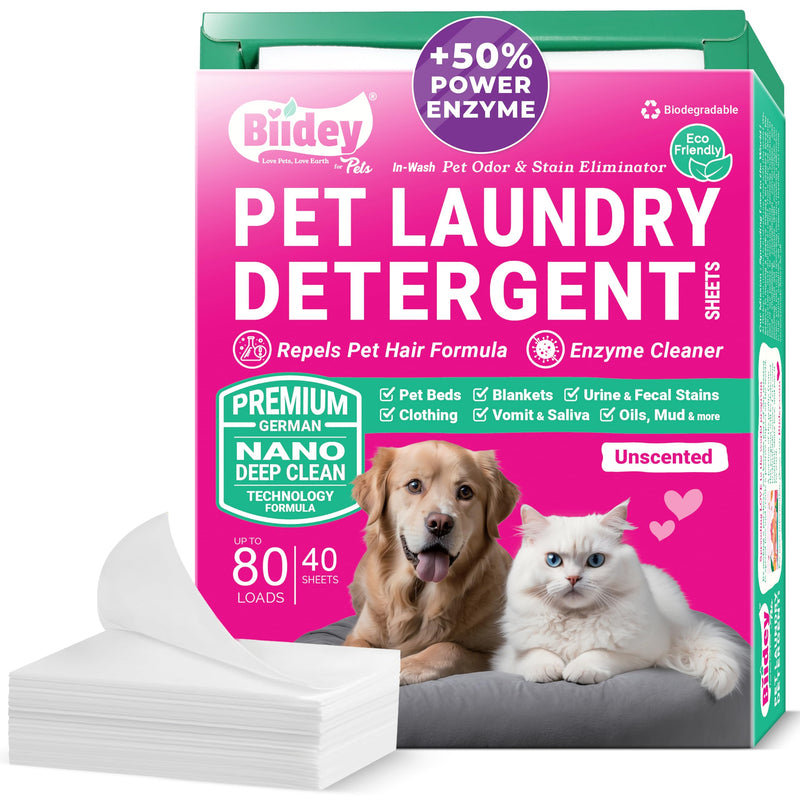 Biidey Pet Laundry Detergent Sheets Dog Cat Urine Enzyme Cleaner Destroyer Bed Odor & Stains Eliminator Dog Drool Smell Remover Pet Hair Remover for Laundry with Pet Dryer Sheets Feature 80 Loads