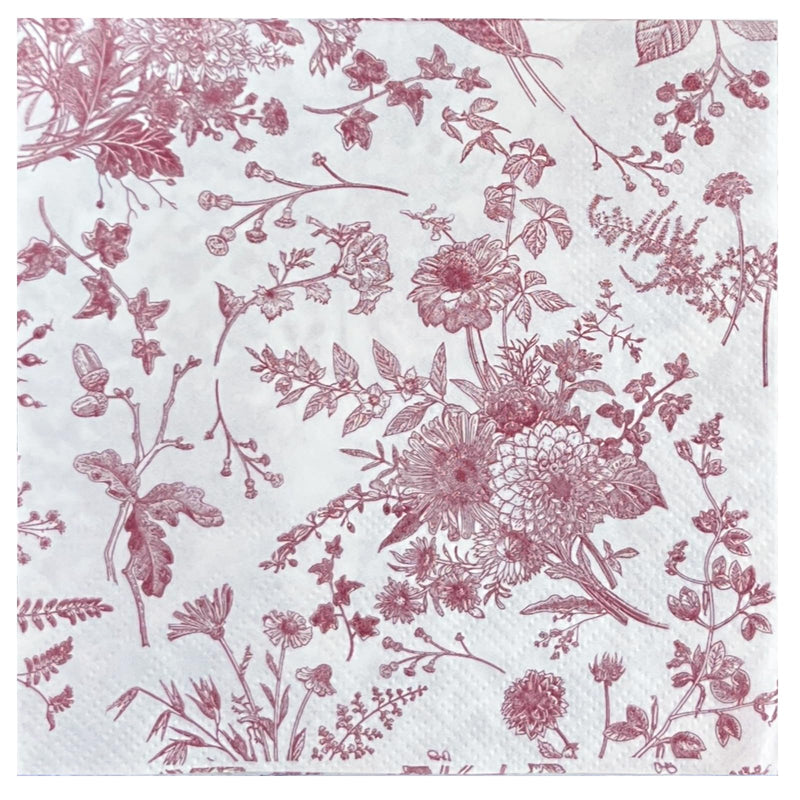 WRAPAHOLIC 25Pcs Red Floral Cocktail Napkins - Red and White Toile Paper Napkins for Bridal and Baby Shower Tea Party Garden Party Birthday Party- 5 x 5 In