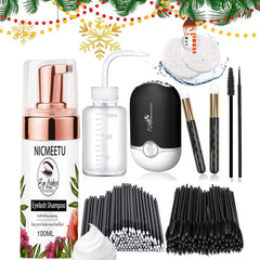 NICMEETU 100ML Lash Shampoo for Lash Extensions.Gentle Eyelash Cleanser 1 Pcs USB Lash Fan 50 Pcs Eyelash Brushes 100 Pcs Micro Brush 2 Pcs Lash Shampoo Brush 2 Pcs compressed Sponge and Rinse Bottle