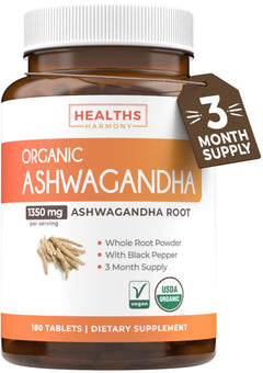 USDA Organic Ashwagandha (180 Vegetarian Tablets) 1350mg Ashwaganda Root Powder Per Serve with Black Pepper - Natural Adrenal Support Cortisol & Thyroid Support Immune Support (No Pills or Capsules)