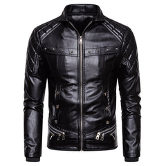 Stylish Solid Color Men's Leather Jacket with Fur Collar