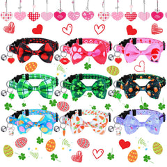 Sadnyy 9 Pcs Valentines Day Cat Collars Holiday Cat Collars Breakaway St. Patricks Day Cat Collar with Bow Tie and Bell Adjustable Easter and Safety Buckle Collars for Kitten Puppy Daily(Medium)