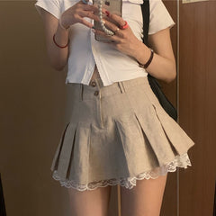 Khaki Small Pleated Skirt with Lace Stitching