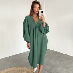 Autumn Long Sleeve Sleep Dress with V-Neck for Women
