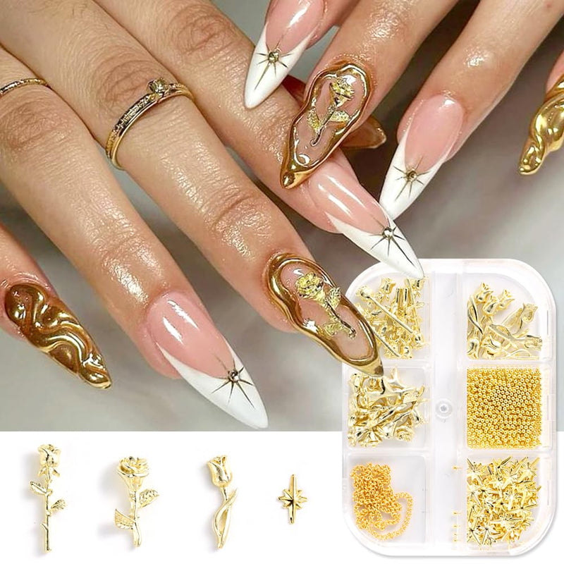 3D Metal Rose Nail Art Charms Mixed Styles Gold Roses Flowers Alloy Nail Jewels Metal Nail Chains Star Micro Caviar Beads Nail Rivets Studs for Women Girls Nails Supplies DIY Crafts Decorations