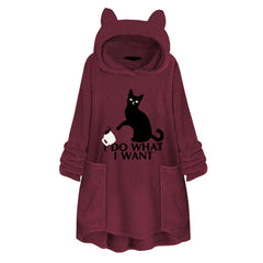 Long Sleeve Cat Print Hoodie with Irregular Hem