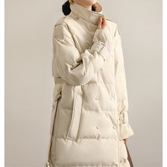 Women's Long Down Collar Parka Coat with Tie Belt