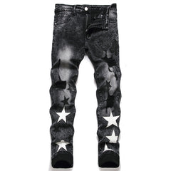 Embroidered Men's Jeans - Slim Fit Motorcycle Style