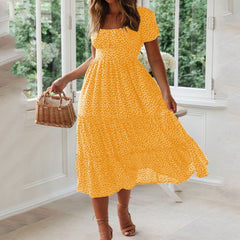 Women's Floral Dress with Square Neck and Bubble Sleeves
