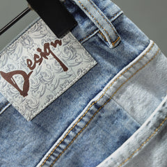 Men's Light Denim Shorts with Patchwork and Holes