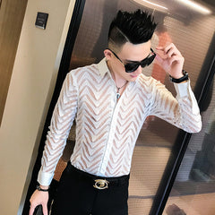 Men's Slim Fit Long Sleeve Lace Mesh Shirt in Red