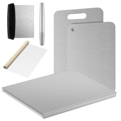 Patelai 6 Pcs Stainless Steel Cutting Board Set Steel Chopping Boards for Kitchen Double Sided Board with Lip Rolling Pin and Anti Slip Mesh for Countertop Meat Fruits Vegetables Bread Noodle Pizza