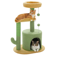 PAWZ Road Cactus Cat Tree Small Cat Tower 32” Cat Scratching Post with Curved Perch Cozy Cat Condo Removable Padded Top Bed for Kittens and Indoor Cats-Green