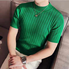 Men's High Collar Slim Fit Striped Knit Shirt Set