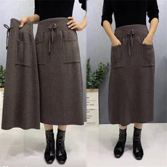 Korean Retro Knitted Wool Long Skirt with Pockets