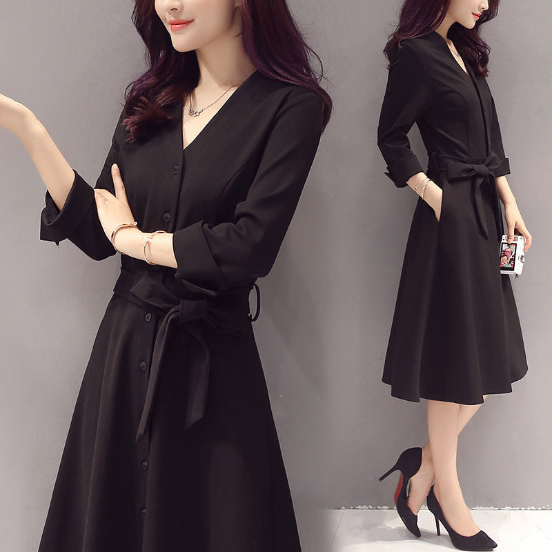 2020 Autumn Winter Black V-Neck Midi Dress