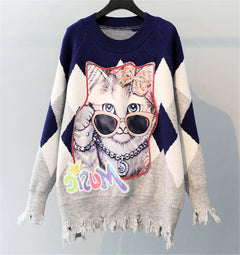 Autumn Cat Sequin Knit Sweater - Loose Fit, Casual