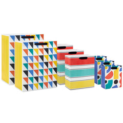 Hallmark Assorted Gift Bags (8 Bags: 3 Small 6" 3 Medium 9" 2 Large 13") Colorful Stripes Triangles Shapes