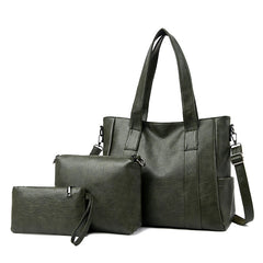 Classic Solid Color Faux Leather Bag Set (Large Capacity)