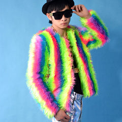 Men's Colorful Faux Fox Fur Coat with Long Sleeves