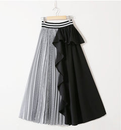 High-Waist Striped Ruffled Skirt with Contrast Stitching