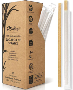 EcoPreps Biodegradable Sugarcane Straws Compostable Individually Wrapped Straws | 100 Count 100% Plastic-Free Eco-Friendly Drinking Straw | 7.8” Sugar Fiber Disposable Straw Packed in Paper Wrap