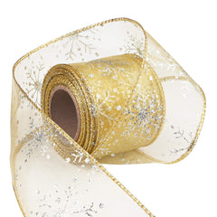 Livder 2.5 Inch Wide Christmas Wired Ribbon Snowflake Organza Sheer Glitter Ribbon for Xmas Tree Wreath Party Decoration Gift Wrapping (Golden 10.9 Yards)