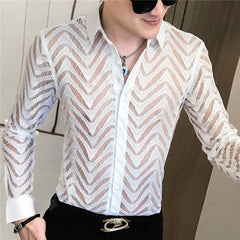 Men's Slim Fit Long Sleeve Lace Mesh Shirt in Red