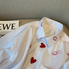 Korean Casual White Long Sleeve Shirt with Heart Print