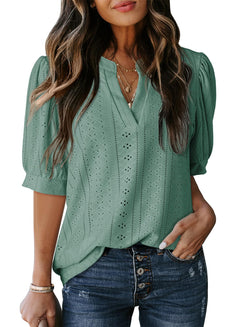 Dokotoo Summer Outfits Tops for Women Trendy 2025 Business Casual Blouses V Neck Puff Short Sleeve Shirts Hollow Out Lace Tops Solid Color Blouse Cruise Outfits for Women Clothes Mist Green 2XL