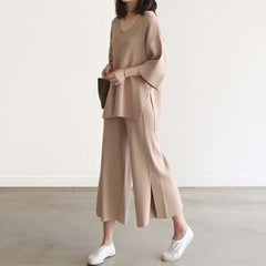 V-neck Blouse and Wide-leg Pants Fashion Set