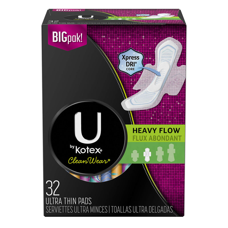 U by Kotex Cleanwear Ultra Thin Pads with Wings Heavy Flow 32 Count