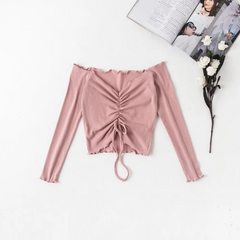 Long Sleeve Crop Top with Ruching and Off-Shoulder Design