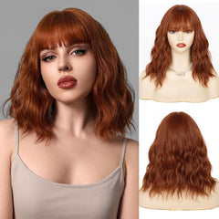 NAYOO Auburn Wig with Bangs 14 Inch Short Auburn Wigs for Women Shoulder Length Auburn Short Wig for Women Auburn Curly Bob Wig with Bangs Girls Cosplay Wig Halloween Wig