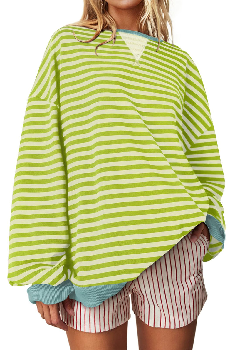UEU Womens Fall Sweatshirt Striped Long Sleeve Crewneck Color Block Loose Fitting Pullover Sweater Tops Green Apricot Striped Large