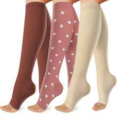 OUIVIAL 3 Pack Copper Compression Socks for Women&Men 20-30mmHg Open Toe Knee High Support Socks for Varicose Vein Running