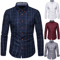 Men's Long Sleeve Plaid Shirt with Square Collar