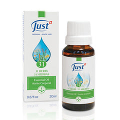 Swiss Just - Oil 31-20ml Bottle - Essential Oil Blend - Versatile Comfort for Headaches Muscle Pain Breathing Ease Sore Throat and Body Aches - Ideal for Massage Bath and Aromatherapy