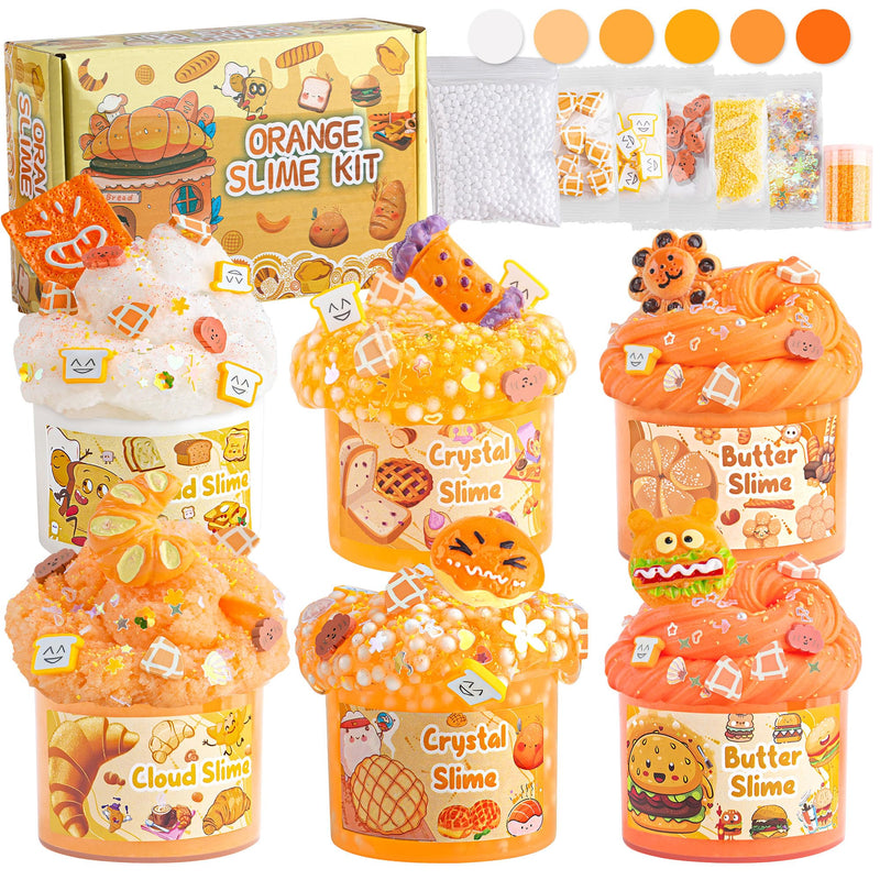 6 Packs Gradient Orange Slime Kit - Cloud Slime Butter Slime & Clear Slime Crunchy Slime for Kids with Various Slime Add-ins Non Stick Slime Party Favors for Girls and Boys 360ml Kids Slime(Bread)