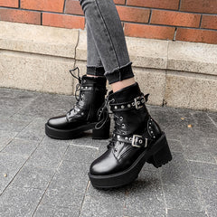 Rivet Belt Buckle Lace-Up Chunky Heel Waterproof Boots