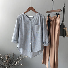 2018 Spring New Korean Women's Striped V-Neck Shirt
