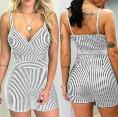 Striped V-Neck Slim Fit Romper Shorts