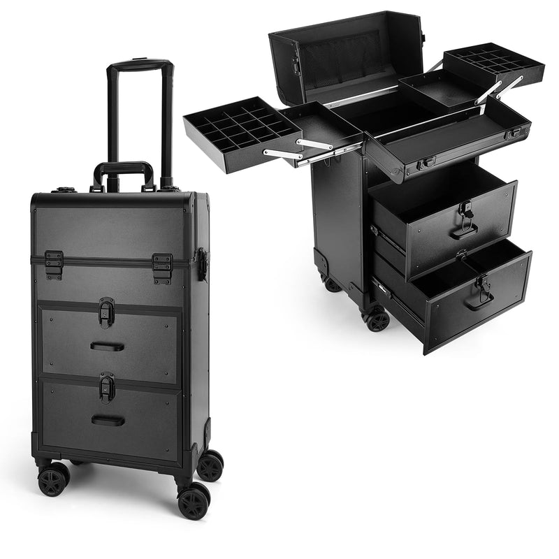 Yokilly Rolling Makeup Train Case Professional Cosmetology Case on Wheels Aluminum Cosmetic Trolley Travelling Cart Trunk with Swivel Wheels Sliding Drawer & Keys for Nail Technician Stylist(Black)