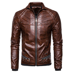 Stylish Solid Color Men's Leather Jacket with Fur Collar