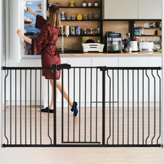 HEMRORO Extra Wide Baby Gate for Doorways & Stairs 66.5-75.8" 30" Tall Easy Install Pressure Mounted Dog Gate with 3 Configurable Extensions for The House Indoor Easy Walk Thru Safety Gate for Pet