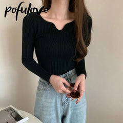 Korean V-Neck Slim Knit Sweater for Women