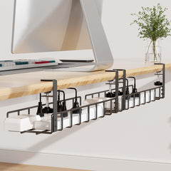 Xpatee 2 Pack Cable Management Under Desk Tray 31.4" No Drill Under Desk Wire Management with Upgraded Clamp Metal Cord Organizers for Desk with Cable Organizers PC Cable Management Rack Black